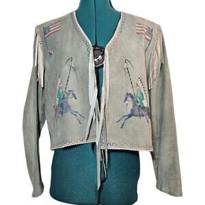 Patricia Wolf Blue Suede leather hand Painted jacket Horse American Flag fringe